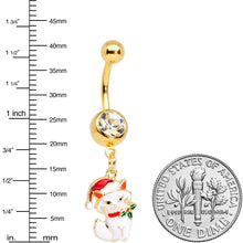 Load image into Gallery viewer, Clear Gem Gold Tone White Cat Santa Hat Christmas Dangle Belly Ring