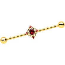 Load image into Gallery viewer, 14G Red Gem Gold Tone Rich Regal Rhombus Industrial Barbell 38mm