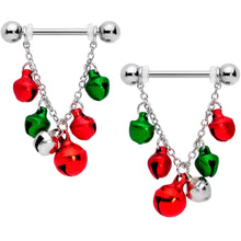 将图片加载到图库查看器,14G 5/8 Red Green Bell Christmas Chain Dangle Nipple Ring Set