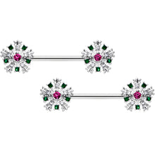 Load image into Gallery viewer, 14G 9/16 Clear Pink Green Gem Snowflake Barbell Nipple Ring Set