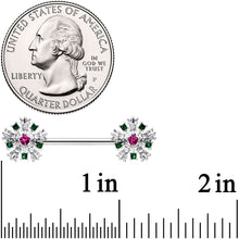 Load image into Gallery viewer, 14G 9/16 Clear Pink Green Gem Snowflake Barbell Nipple Ring Set