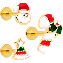 Load image into Gallery viewer, 16G 5/16 Gold Tone Candy Cane Santa Tree Labret Tragus Set of 3