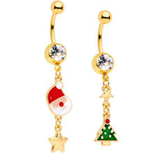 Load image into Gallery viewer, Clear Gem Gold Tone Santa Christmas Tree Dangle Belly Ring Set of 2