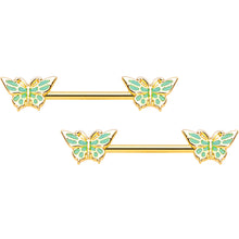 Load image into Gallery viewer, 14G 9/16 Gold Tone Green Inlay Butterfly Barbell Nipple Ring Set