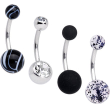 Load image into Gallery viewer, Clear Gem Beauty in Black UV Glow Marbelized Belly Ring Set of 4