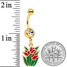 Load image into Gallery viewer, Clear Gem Gold Tone Red Tulip Flowers Dangle Belly Ring