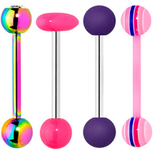 Load image into Gallery viewer, Clear Gem Rainbow Pink Heart Purple Barbell Tongue Ring Set of 4