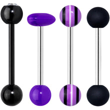 Load image into Gallery viewer, Clear Gem Black Purple Heart Matte Stripe Barbell Tongue Ring Set of 4