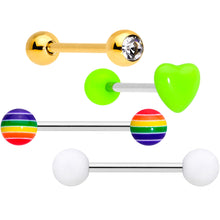Load image into Gallery viewer, Clear Gem Gold Tone Heart Rainbow Matte Barbell Tongue Ring Set of 4