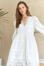 Load image into Gallery viewer, Lace Detail Tiered Eyelet V-Neck Babydoll Dress For Women – Feminine Boho Chic Dress, Fluttering, Elegant Lace & Eyelet