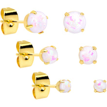 Load image into Gallery viewer, 20G White Faux Opal Gold Tone 3mm to 5mm Stud Earrings Set of 3