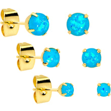 Load image into Gallery viewer, 20G Blue Faux Opal Gold Tone 3mm to 5mm Stud Earrings Set of 3