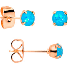 Load image into Gallery viewer, 20G Blue Faux Opal Rose Gold Tone 3mm 5mm Stud Earrings Set of 3