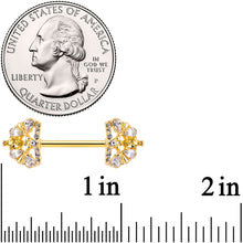 Load image into Gallery viewer, 14G 9/16 Clear CZ Gem Gold Tone Lavish Crown Nipple Ring Set