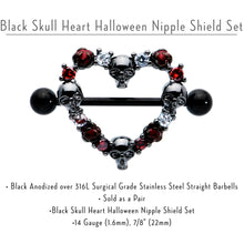 Load image into Gallery viewer, 14G 7/8 Red CZ Gem Black Skull Heart Halloween Nipple Shield Set
