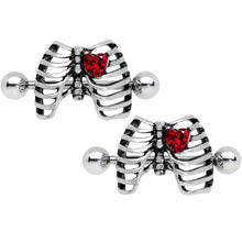 Load image into Gallery viewer, 14G 9/16 Red CZ Gem Heart Skeleton Halloween Nipple Shield Set