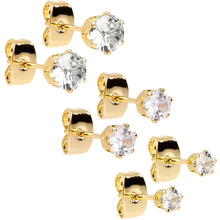 Load image into Gallery viewer, 20G Clear CZ Gem Gold Tone 3mm to 5mm Post Stud Earring Set of 3