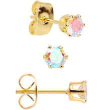 Load image into Gallery viewer, 20G Aurora CZ Gem Gold Tone 3mm to 5mm Post Stud Earring Set of 3