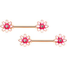 Load image into Gallery viewer, 14G 5/8 Clear Gem Rose Gold Tone Pink Flower Nipple Ring Set