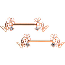 Load image into Gallery viewer, 14G 9/16 Clear CZ Gem Rose Gold Tone Butterfly Nipple Ring Set