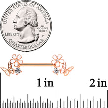 Load image into Gallery viewer, 14G 9/16 Clear CZ Gem Rose Gold Tone Butterfly Nipple Ring Set