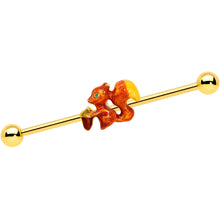 Load image into Gallery viewer, 14G Gold Tone Brown Happy Squirrel Acorn Industrial Barbell 38mm