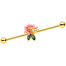 Load image into Gallery viewer, 14G Gold Tone Pink Flower Bee Industrial Barbell 38mm