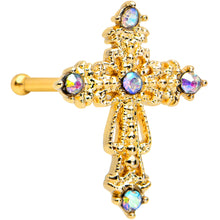 Load image into Gallery viewer, 20G 1/4 Aurora CZ Gem Gold Tone Subtle Cross Nose Bone