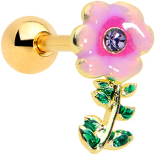 Load image into Gallery viewer, 16G 1/4 Purple Gem Gold Tone Pink Flower Cartilage Tragus Earring