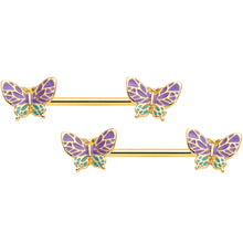 Load image into Gallery viewer, 14G 9/16 Gold Tone Purple Green Butterfly Barbell Nipple Ring Set