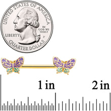 Load image into Gallery viewer, 14G 9/16 Gold Tone Purple Green Butterfly Barbell Nipple Ring Set