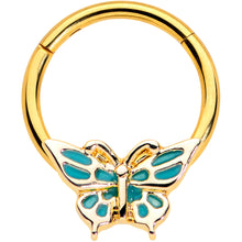 Load image into Gallery viewer, 16G 3/8 Gold Tone Green Inlay Butterfly Hinged Segment Ring