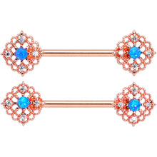 Load image into Gallery viewer, 14G 9/16 Blue Synthetic Opal Rose Gold Tone Lacy Nipple Ring Set