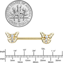 Load image into Gallery viewer, 14G 9/16 Clear CZ Gem Gold Tone Open Butterfly Nipple Ring Set