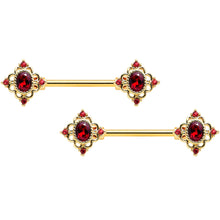 Load image into Gallery viewer, 14G 9/16 Red Gem Gold Tone Rich Rhombus Barbell Nipple Ring Set