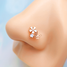 Load image into Gallery viewer, 20G 1/4 Clear CZ Gem Rose Gold Tone Butterfly Flower Nose Bone