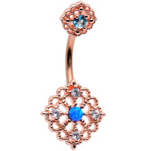 Load image into Gallery viewer, Blue Synthetic Opal Rose Gold Tone Lacy Double Mount Belly Ring