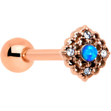 Load image into Gallery viewer, Blue Synthetic Opal Rose Gold Tone Lacy Barbell Tongue Ring