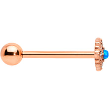 Load image into Gallery viewer, Blue Synthetic Opal Rose Gold Tone Lacy Barbell Tongue Ring