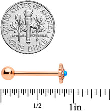 Load image into Gallery viewer, Blue Synthetic Opal Rose Gold Tone Lacy Barbell Tongue Ring