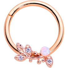 Load image into Gallery viewer, 16G 3/8 White Faux Opal Rose Gold Tone Leaves Hinged Segment Ring