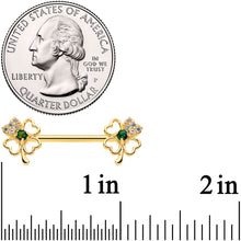 Load image into Gallery viewer, 14G 9/16 Green Synthetic Opal Gold Tone Shamrock Nipple Ring Set