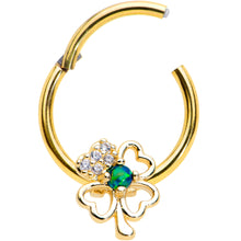 Load image into Gallery viewer, 16G 3/8 Green Synth Opal Gold Hue Shamrock Hinged Segment Ring