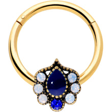 Load image into Gallery viewer, 16G 3/8 Clear Blue Gem Gold Hue Heirloom Drop Hinged Segment Ring