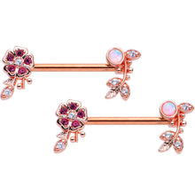 Load image into Gallery viewer, 14G 9/16 White Synth Opal Rose Gold Hue Leaf Flower Nipple Ring Set