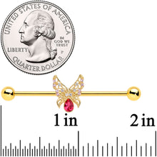 将图片加载到图库查看器,14G Clear Red Gem Gold Hue Lacy Butterfly Industrial Barbell 38mm