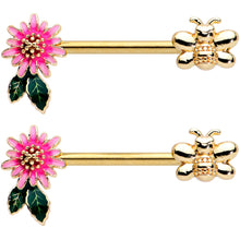 Load image into Gallery viewer, 14G 1/2 Gold Tone Pink Flower Bee Barbell Nipple Ring Set