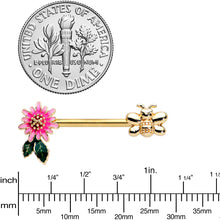 Load image into Gallery viewer, 14G 1/2 Gold Tone Pink Flower Bee Barbell Nipple Ring Set