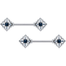Load image into Gallery viewer, 14G 9/16 Clear Blue Gem Textured Rhombus Cross Nipple Ring Set