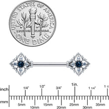 Load image into Gallery viewer, 14G 9/16 Clear Blue Gem Textured Rhombus Cross Nipple Ring Set